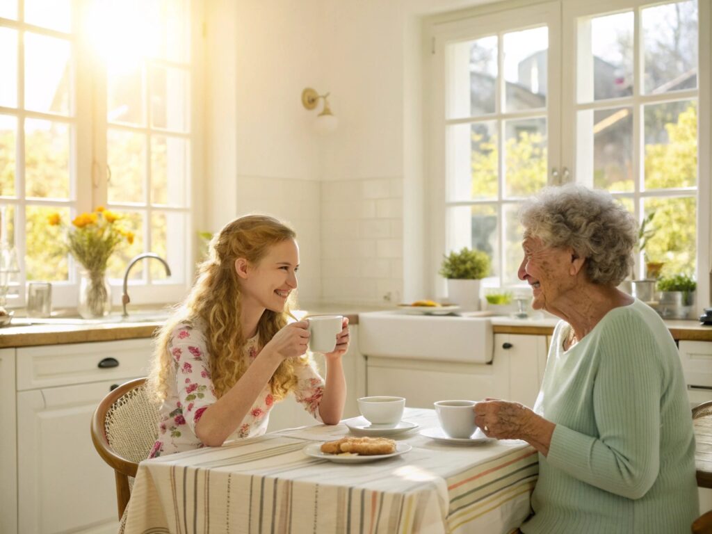 Eine Alltagsfee und ein Klient lachen gemeinsam bei einer Tasse Kaffee.